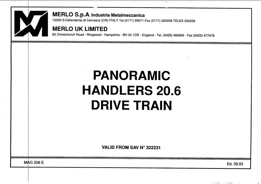 Merlo Panoramic P20.6SC Drive Train, Hydraulic & Electrical Manual EN [PDF]