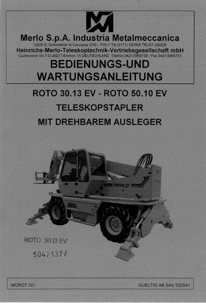 Merlo ROTO EV (R30.13 – R30.16) bis SAV 815441 Service Manual, Hydraulic & Electrical Diagram DE [PDF]